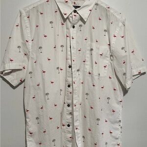 RVCA White Short-Sleeve Button-Down Shirt with Red Flamingo Print